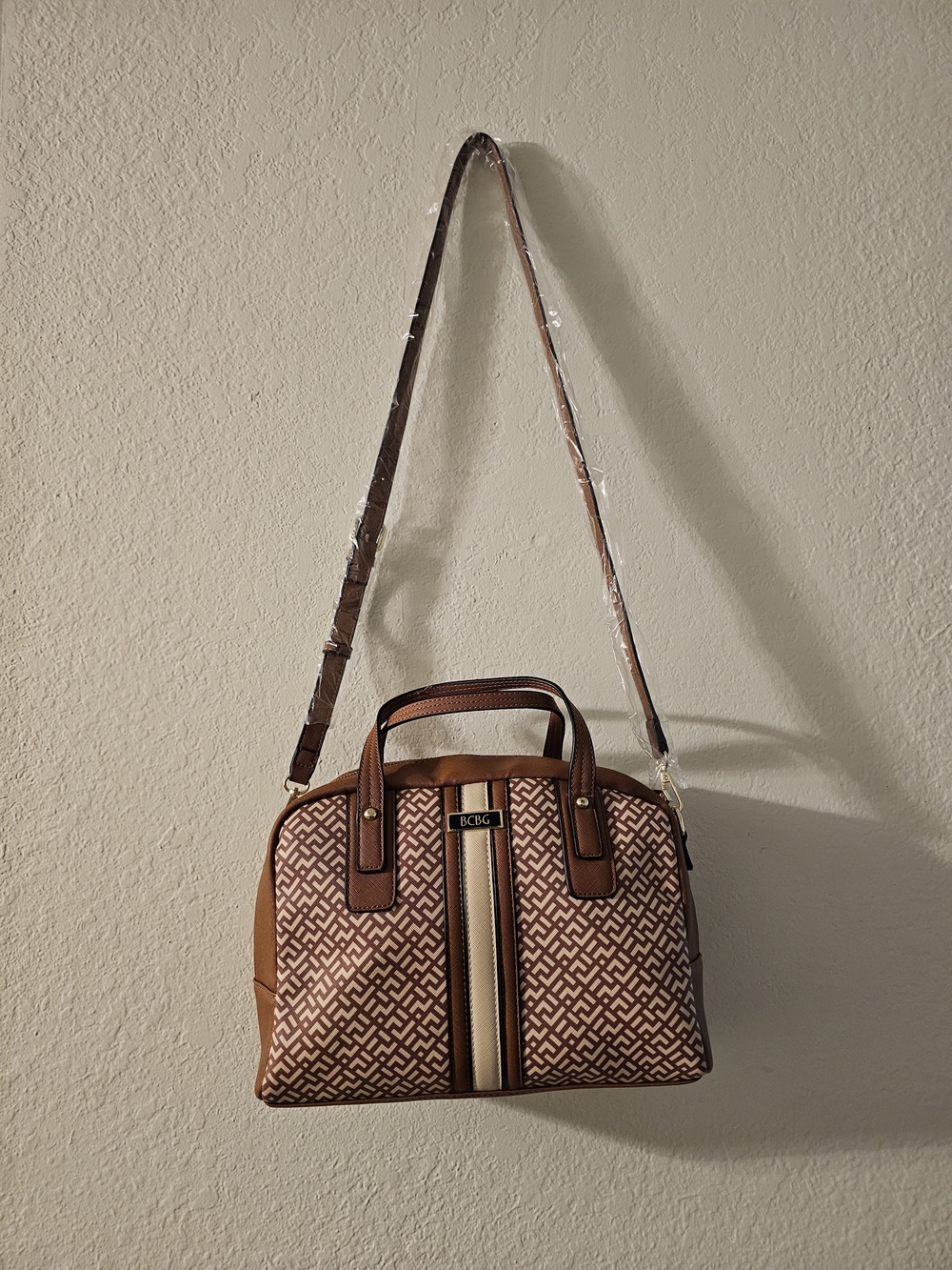 BCBG Brown and Cream Patterned Satchel with Adjustable Strap NWOT